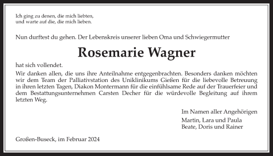 Traueranzeige von Rosemarie Wagner von Giessener Anzeiger, Giessener Allgemeine, Alsfelder Allgemeine