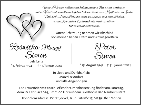 Traueranzeige von Roswitha Simon von Wetterauer Zeitung