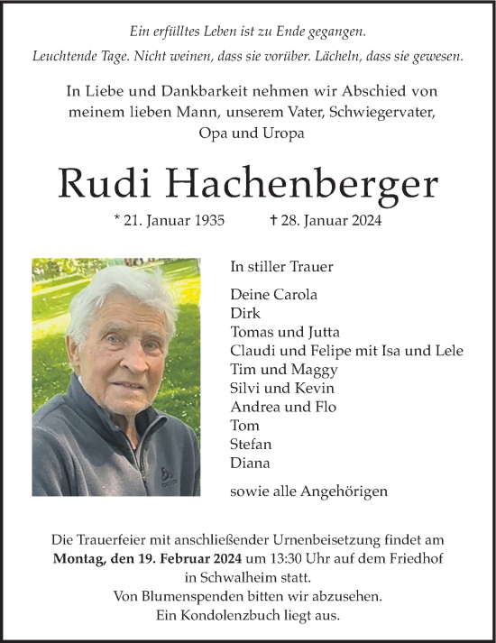 Traueranzeige von Rudi Hachenberger von Wetterauer Zeitung