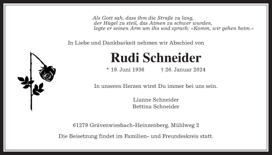 Traueranzeige von Rudi Schneider von Usinger Anzeiger