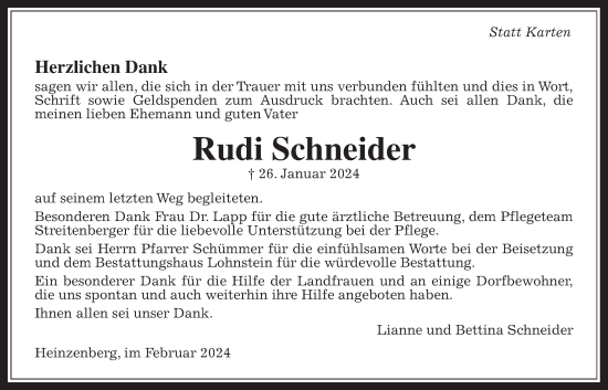 Traueranzeige von Rudi Schneider von Usinger Anzeiger