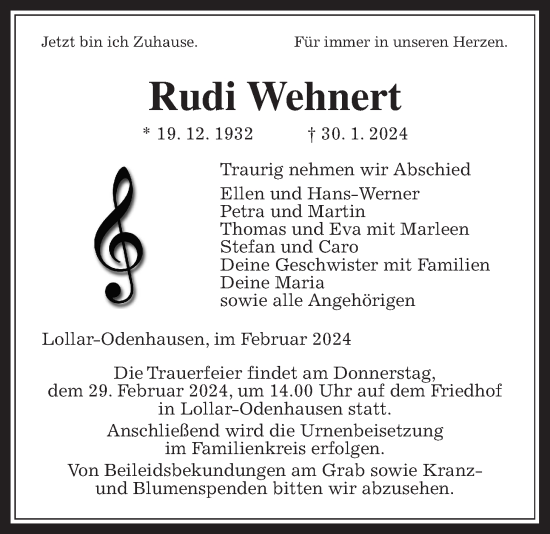Traueranzeige von Rudi Wehnert von Giessener Allgemeine, Alsfelder Allgemeine