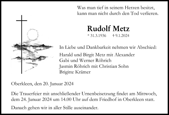 Traueranzeige von Rudolf Metz von Butzbacher Zeitung