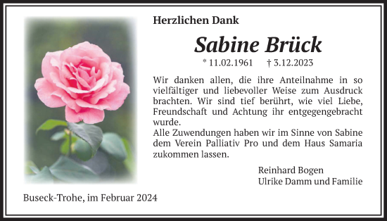 Traueranzeige von Sabine Brück von Giessener Allgemeine, Alsfelder Allgemeine, Giessener Anzeiger