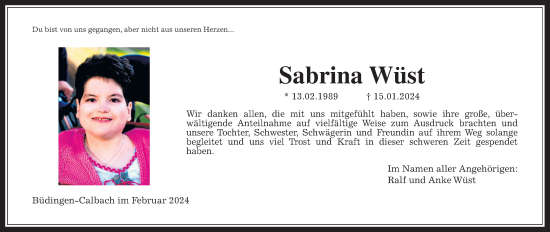 Traueranzeige von Sabrina Wüst von Kreis-Anzeiger
