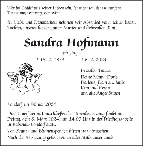 Traueranzeige von Sandra Hofmann von Rabenauer Zeitung