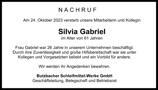 Traueranzeige von Silvia Gabriel von Butzbacher Zeitung