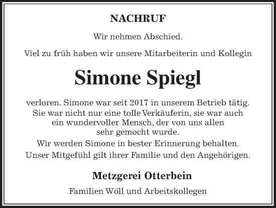 Traueranzeige von Simone Spiegl von Lauterbacher Anzeiger
