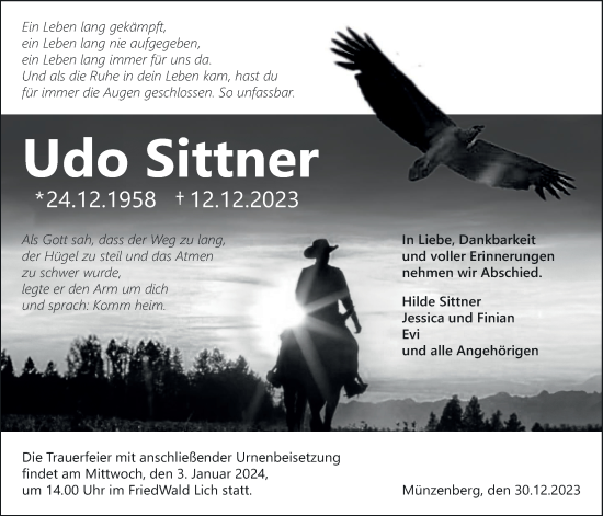 Traueranzeige von Udo Sittner von Giessener Allgemeine, Alsfelder Allgemeine, Butzbacher Zeitung