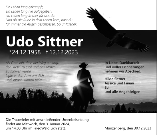 Traueranzeige von Udo Sittner von Giessener Allgemeine, Alsfelder Allgemeine, Butzbacher Zeitung