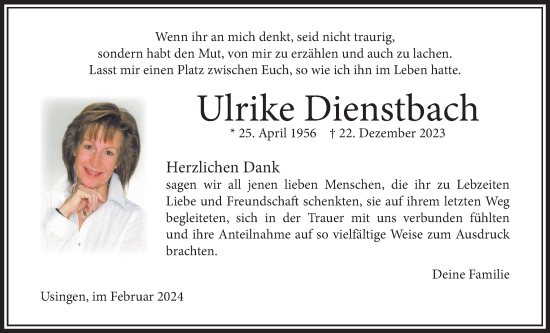 Traueranzeige von Ulrike Dienstbach von Usinger Anzeiger