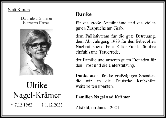 Traueranzeige von Ulrike Nagel-Krämer von Oberhessische Zeitung