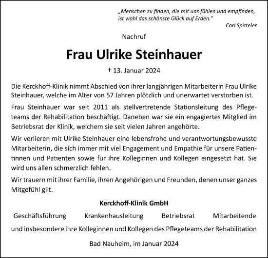 Traueranzeige von Ulrike Steinhauer von Wetterauer Zeitung