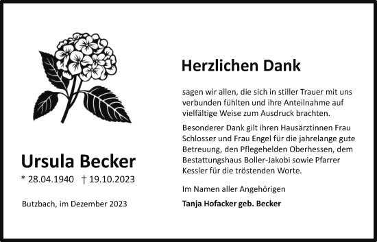 Traueranzeige von Ursula Becker von Giessener Anzeiger, Giessener Allgemeine, Alsfelder Allgemeine, Butzbacher Zeitung