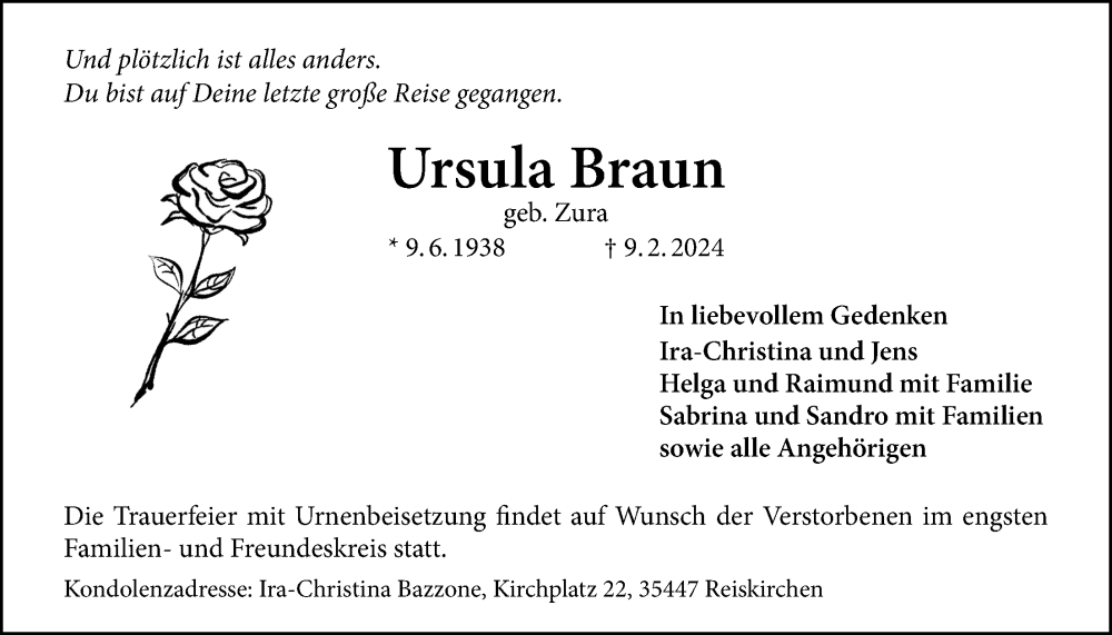  Traueranzeige für Ursula Braun vom 15.02.2024 aus Licher Wochenblatt