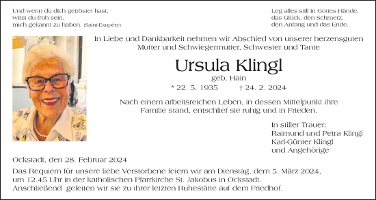 Traueranzeige von Ursula Klingl von Wetterauer Zeitung