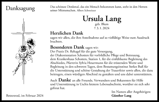 Traueranzeige von Ursula Lang von Kreis-Anzeiger