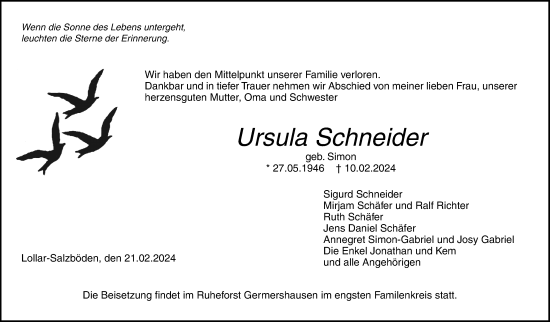 Traueranzeige von Ursula Schneider von Giessener Allgemeine, Alsfelder Allgemeine, Giessener Anzeiger