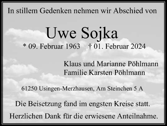 Traueranzeige von Uwe Sojka von Usinger Anzeiger