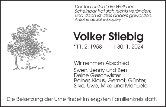 Traueranzeige von Volker Stiebig von Oberhessische Zeitung