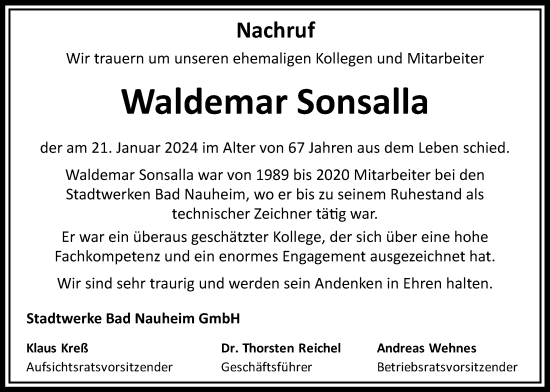 Traueranzeige von Waldemar Sonsalla von Wetterauer Zeitung, Butzbacher Zeitung