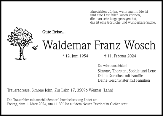 Traueranzeige von Waldemar Franz Wosch von Giessener Allgemeine, Alsfelder Allgemeine
