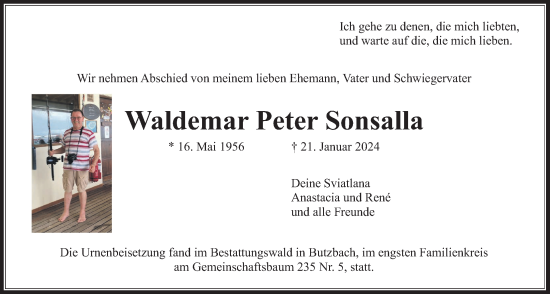 Traueranzeige von Waldemar Peter Sonsolla von Wetterauer Zeitung