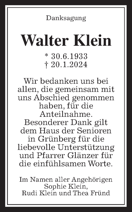 Traueranzeige von Walter Klein von Giessener Allgemeine, Alsfelder Allgemeine