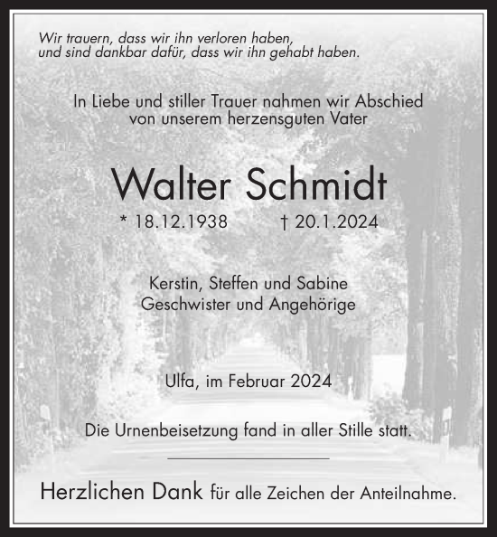 Traueranzeige von Walter Schmidt von Kreis-Anzeiger