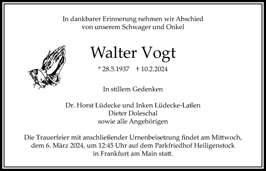 Traueranzeige von Walter Vogt von Bad Vilbel/Karben