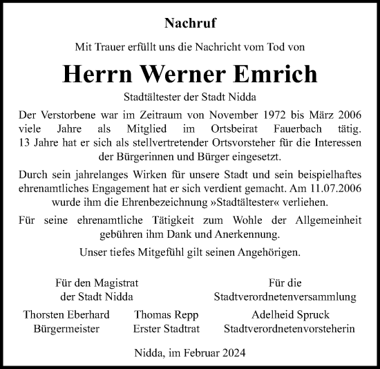 Traueranzeige von Werner Emrich von Kreis-Anzeiger