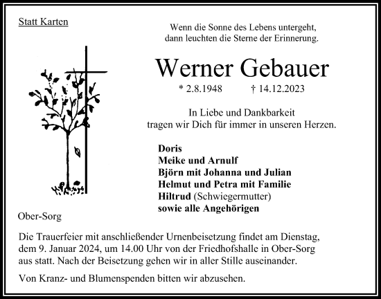 Traueranzeige von Werner Gebauer von Oberhessische Zeitung