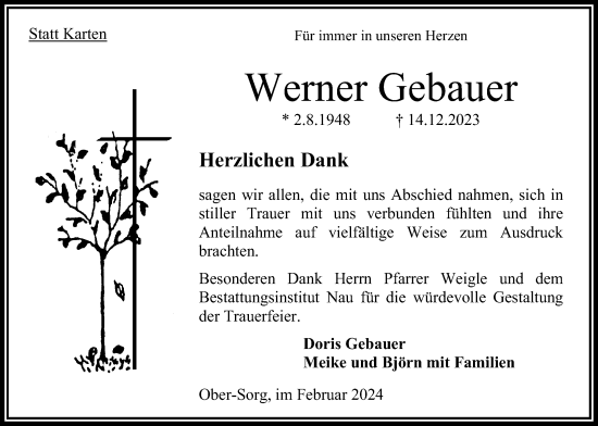 Traueranzeige von Werner Gebauer von Oberhessische Zeitung