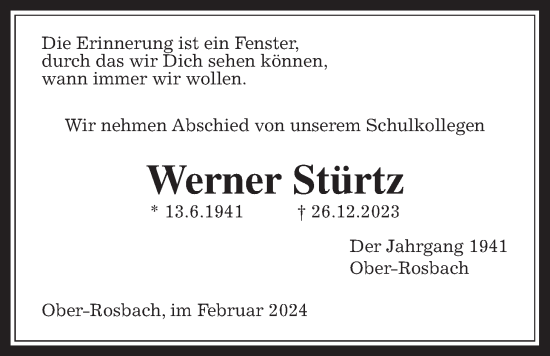 Traueranzeige von Werner Stürtz von Wetterauer Zeitung