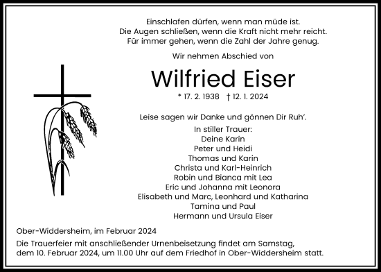 Traueranzeige von Wilfried Eiser von Kreis-Anzeiger