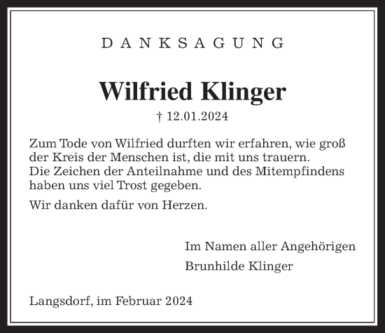 Traueranzeige von Wilfried Klinger von Alsfelder Allgemeine, Giessener Anzeiger, Giessener Allgemeine