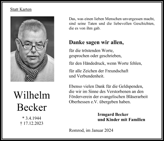 Traueranzeige von Wilhelm Becker von Oberhessische Zeitung
