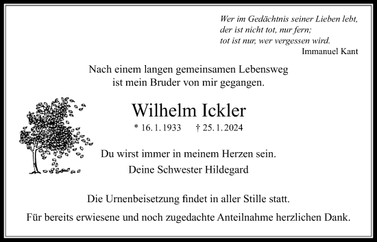 Traueranzeige von Wilhelm Ickler von Bad Vilbel/Karben