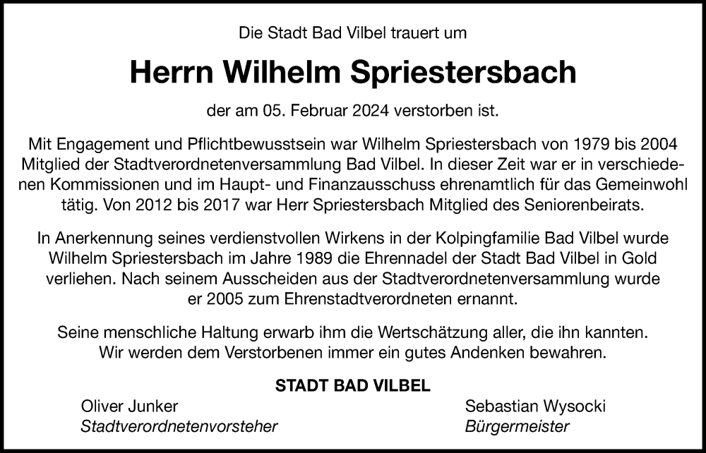  Traueranzeige für Wilhelm Spriestersbach vom 08.02.2024 aus Bad Vilbel/Karben