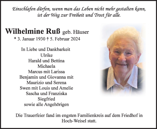 Traueranzeige von Wilhelmine Ruß von Butzbacher Zeitung
