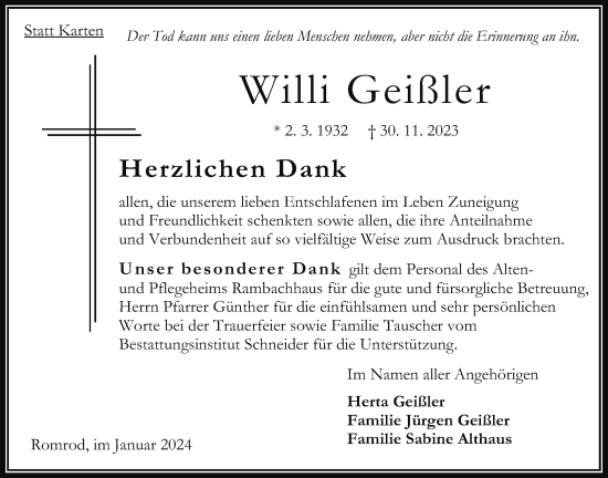 Traueranzeige von Willi Geißler von Oberhessische Zeitung