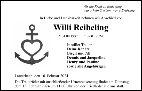 Traueranzeige von Willi Reibeling von Lauterbacher Anzeiger