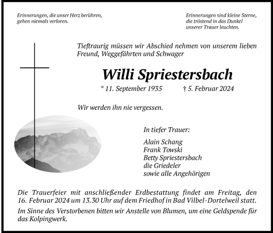 Traueranzeige von Willi Spriestersbach von Bad Vilbel/Karben