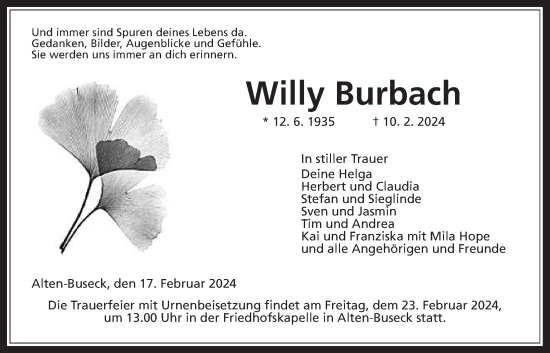 Traueranzeige von Willy Burbach von Alsfelder Allgemeine, Giessener Anzeiger, Giessener Allgemeine