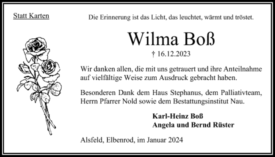 Traueranzeige von Wilma Boß von Oberhessische Zeitung