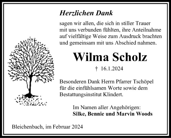 Traueranzeige von Wilma Scholz von Kreis-Anzeiger