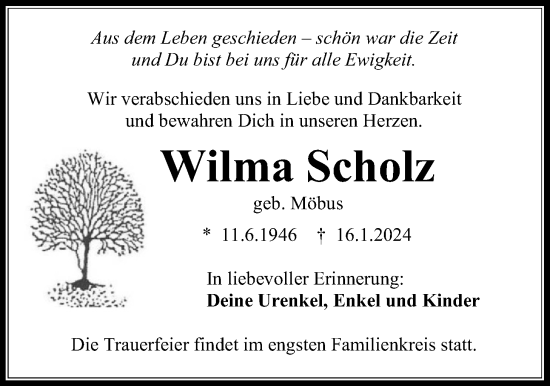 Traueranzeige von Wilma Scholz von Kreis-Anzeiger