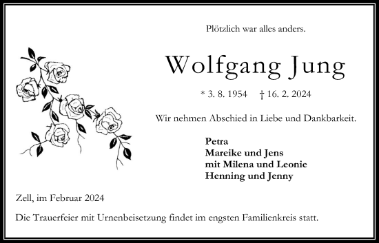 Traueranzeige von Wolfgang Jung von Oberhessische Zeitung