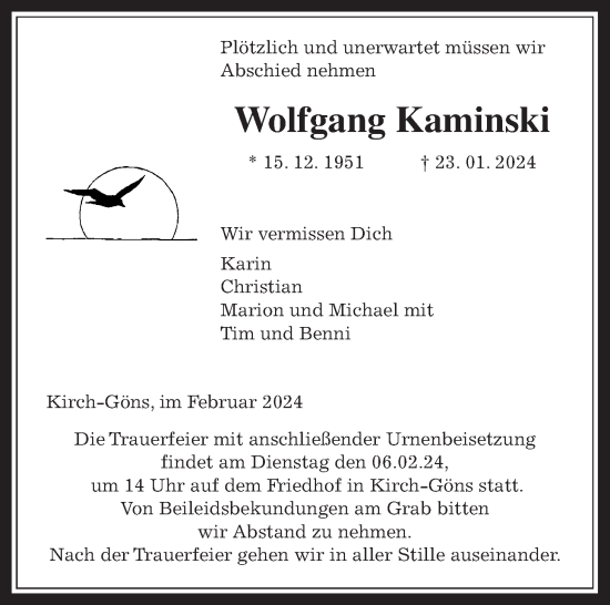 Traueranzeige von Wolfgang Kaminski von Butzbacher Zeitung