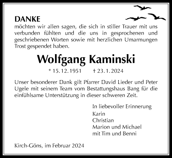 Traueranzeige von Wolfgang Kaminski von Butzbacher Zeitung